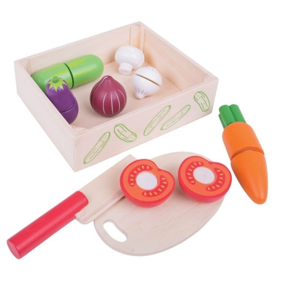 Bigjigs Toys Cutting Vegetable Crate Wooden Pretend Play Food Set with Knife & Chopping Board