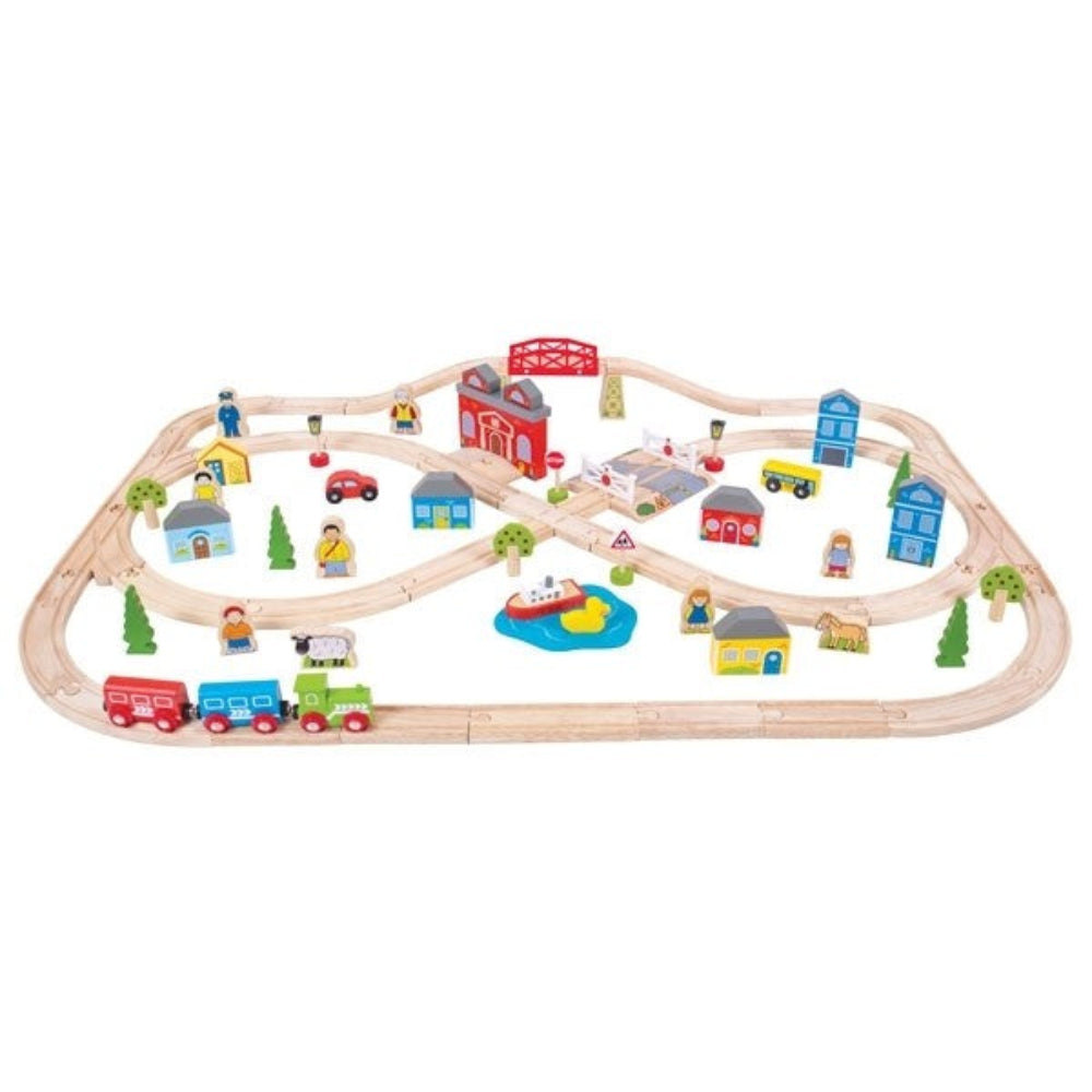 Bigjigs Rail Town and Country Train Set Wooden Railway with Scenic Tracks and Accessories