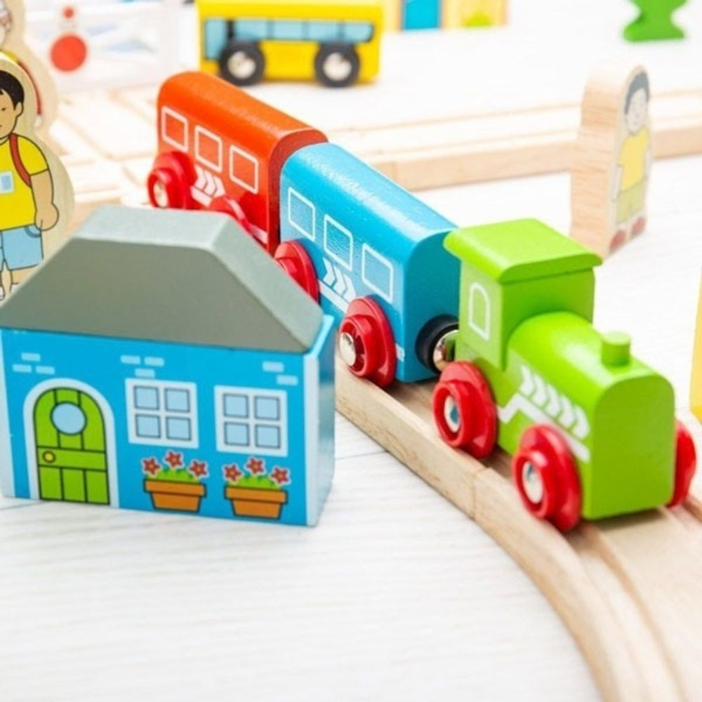 Bigjigs Rail Town and Country Train Set Wooden Railway with Scenic Tracks and Accessories