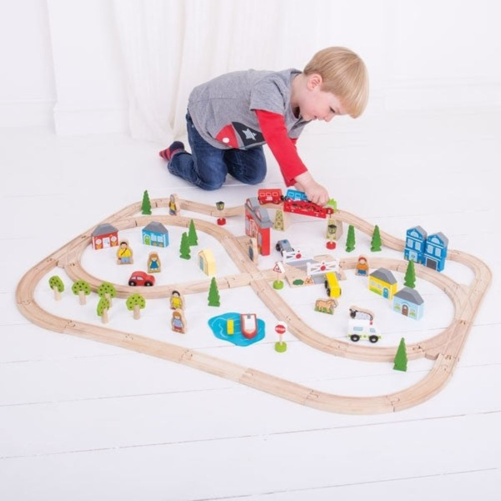 Bigjigs Rail Town and Country Train Set Wooden Railway with Scenic Tracks and Accessories