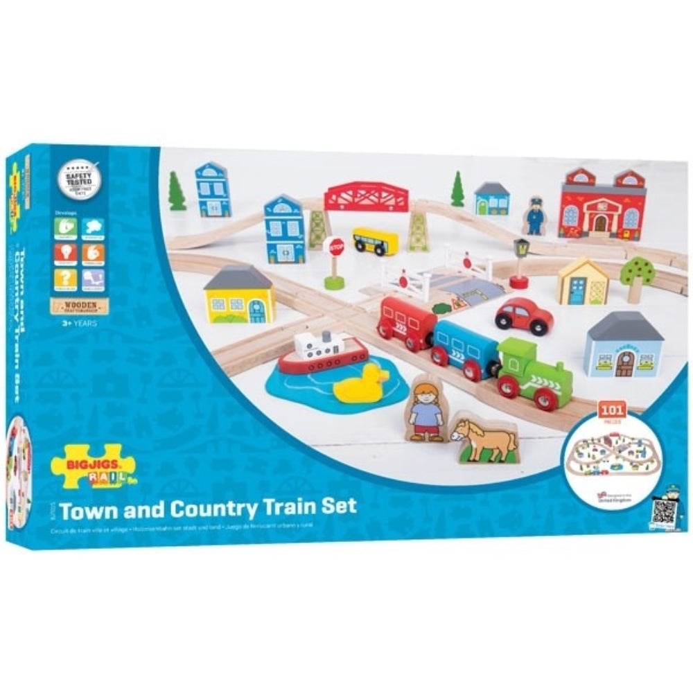 Bigjigs Rail Town and Country Train Set Wooden Railway with Scenic Tracks and Accessories