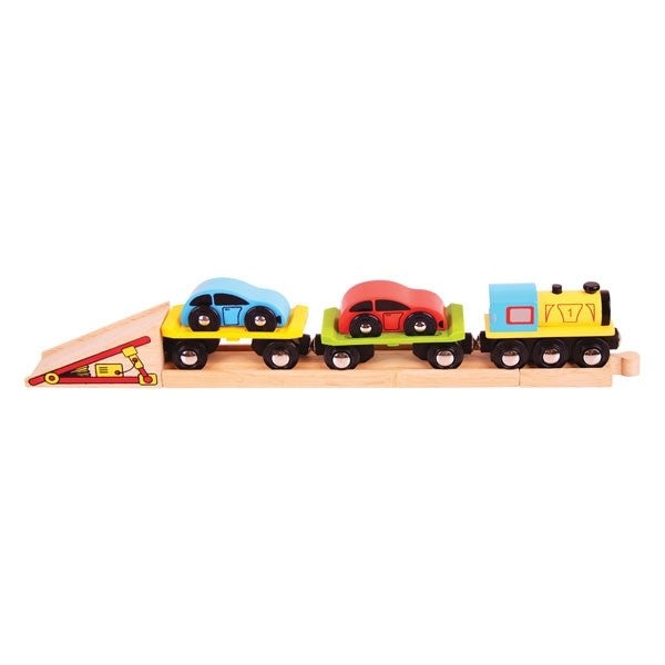 Bigjigs Rail Car Loader Playset Wooden Train Accessory with Magnetic Crane & Cars