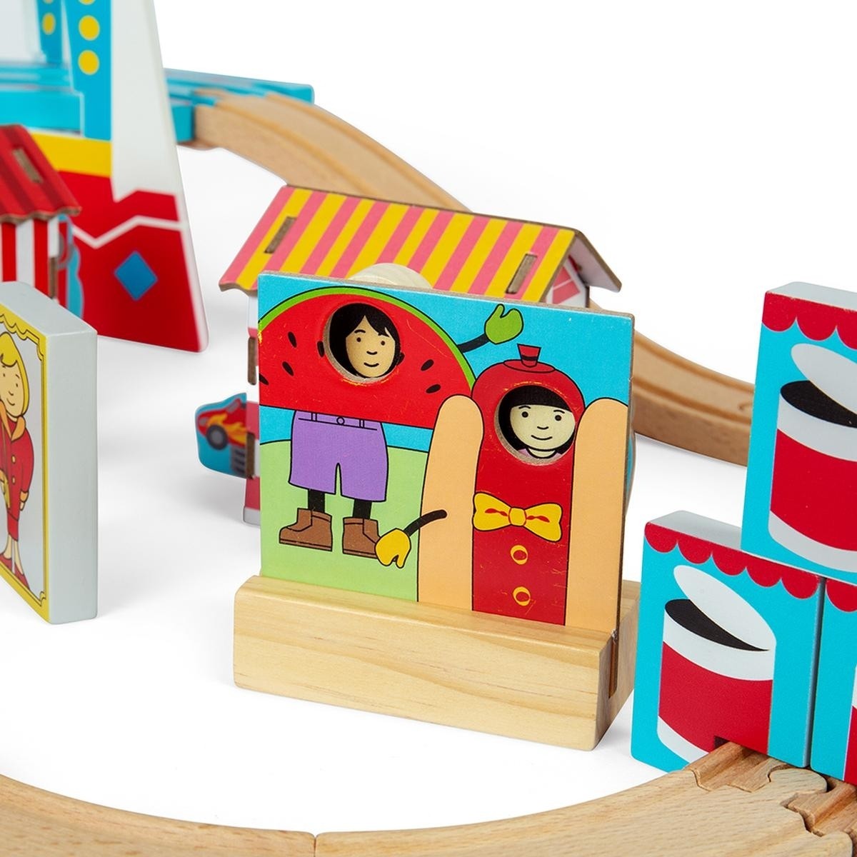 Bigjigs Rail Fun Fair Train Set Wooden Railway with Fairground Accessories