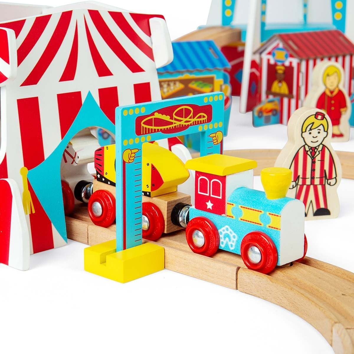 Bigjigs Rail Fun Fair Train Set Wooden Railway with Fairground Accessories