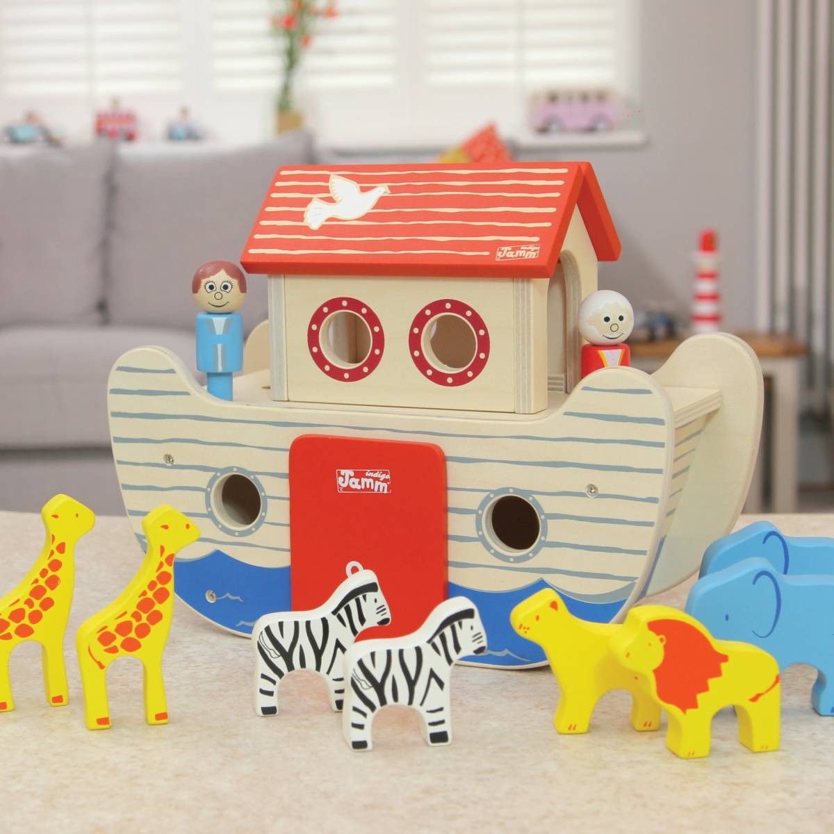 Indigo Jamm Wooden Noah's Ark with 5 Pairs of Animals and Mr & Mrs Noah for Imaginative Play