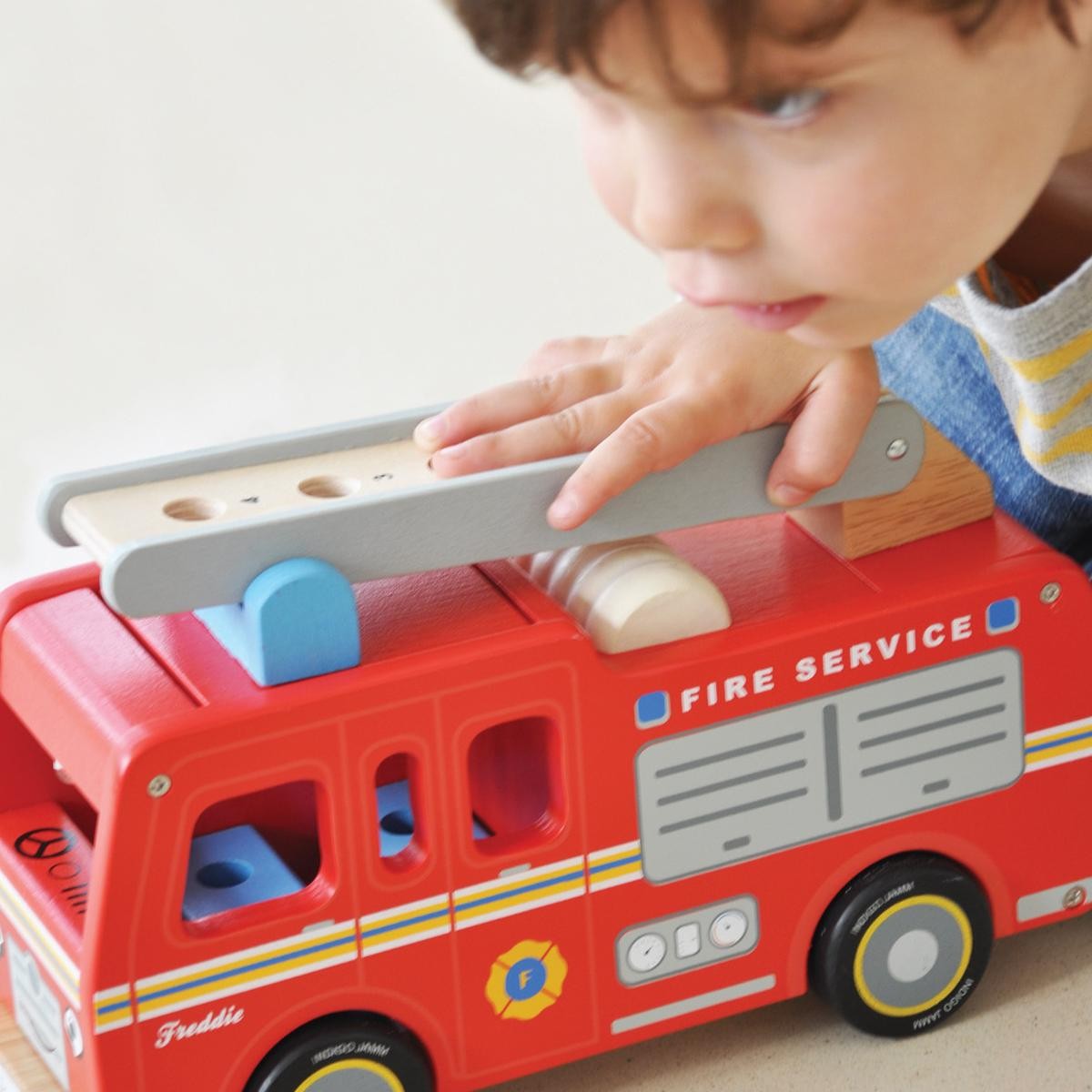 Indigo Jamm Wooden Freddie Fire Engine Red Fire Truck Toy with Ladder and 4 Peg People