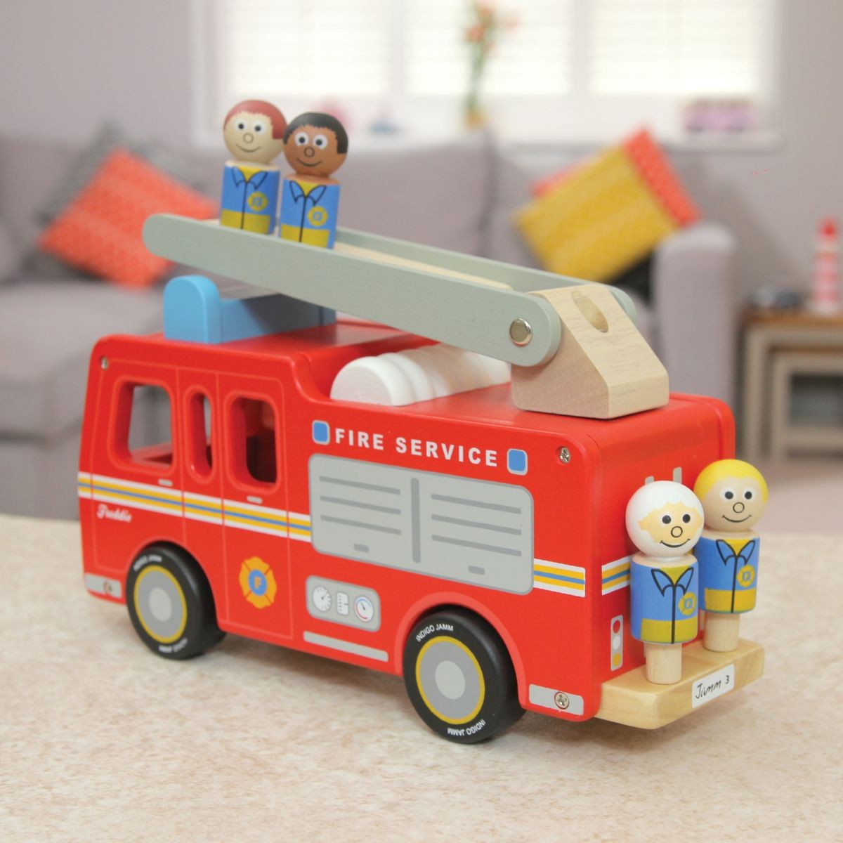 Indigo Jamm Wooden Freddie Fire Engine Red Fire Truck Toy with Ladder and 4 Peg People