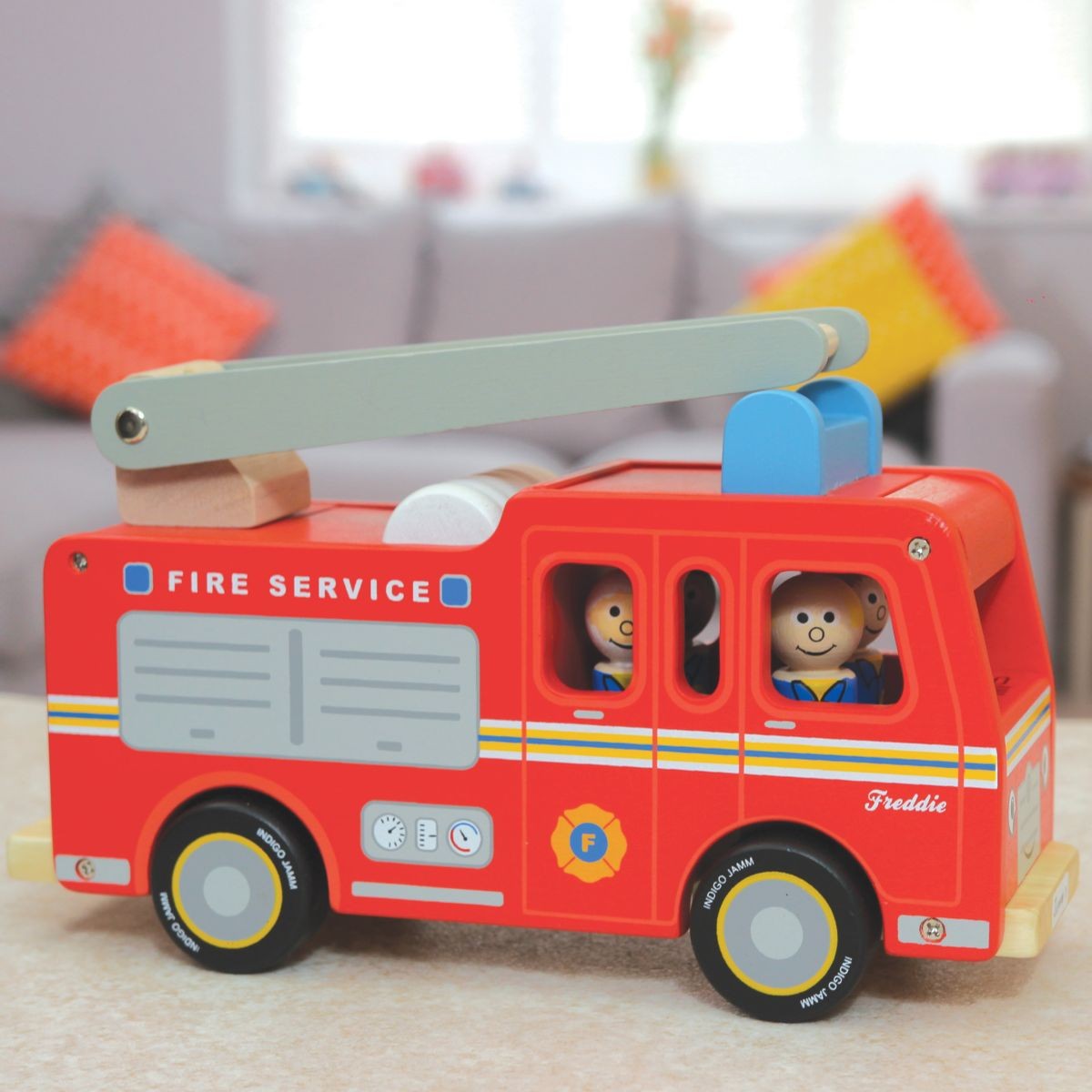 Indigo Jamm Wooden Freddie Fire Engine Red Fire Truck Toy with Ladder and 4 Peg People