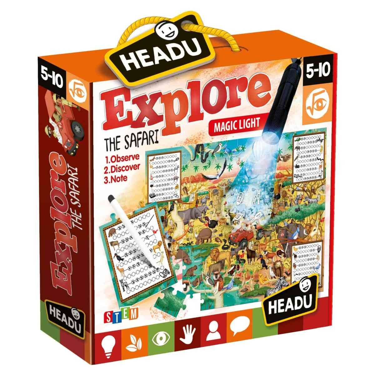 Headu Safari Animals Puzzle with Observation Cards and UV Torch