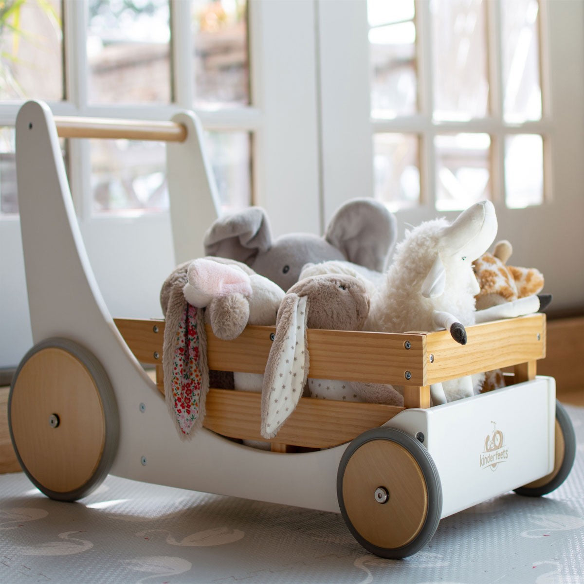 Kinderfeets Cargo Walker White Wooden Push Toy with Storage for Toddlers