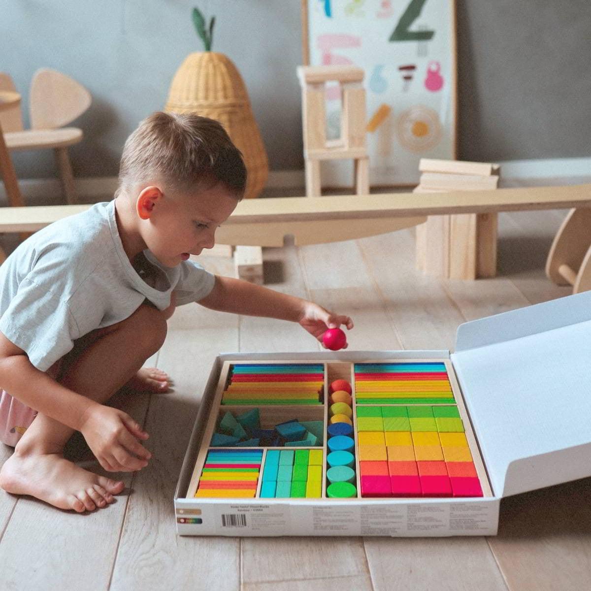 Kinderfeets Mixed Block Tray Rainbow 100 Wooden Blocks for Creative Play and Learning