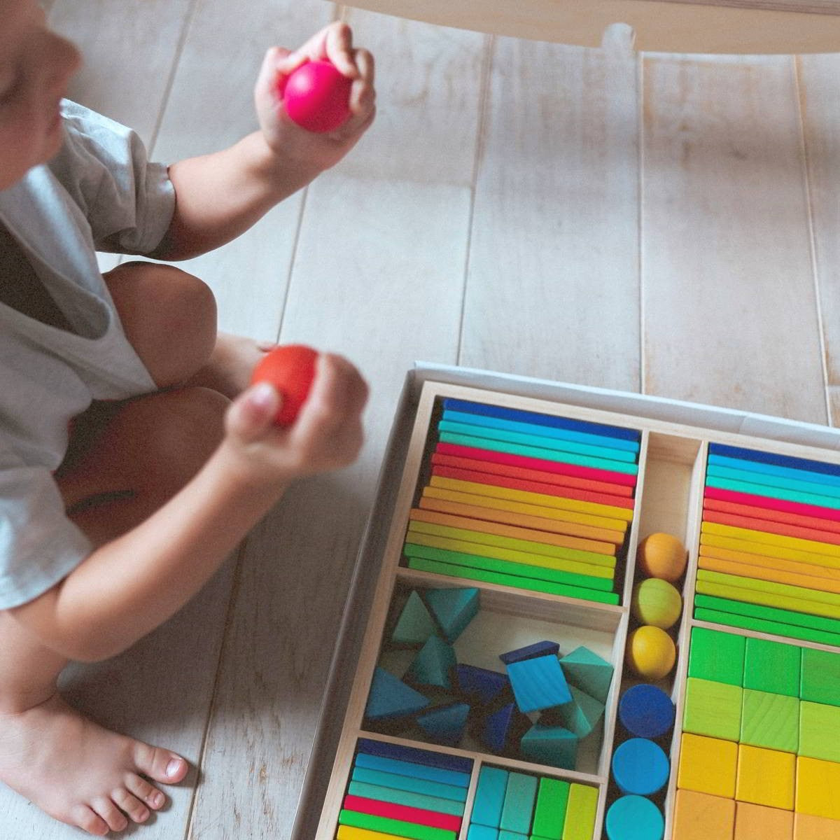 Kinderfeets Mixed Block Tray Rainbow 100 Wooden Blocks for Creative Play and Learning